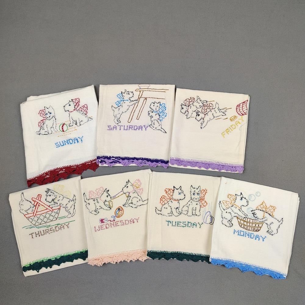 Vintage Cross Stitch Days Of The Week Terrier Dog Tea Towels 60s Cotton LG 27x29